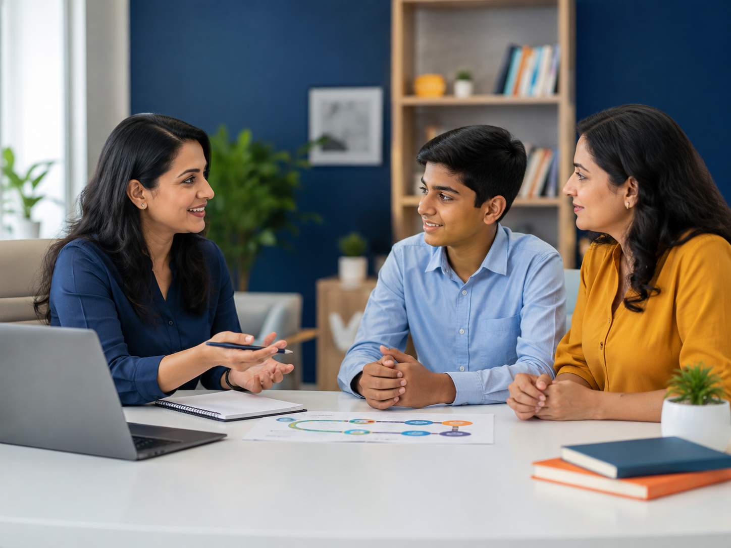 Home A student and parent discussing education options with a counsellor